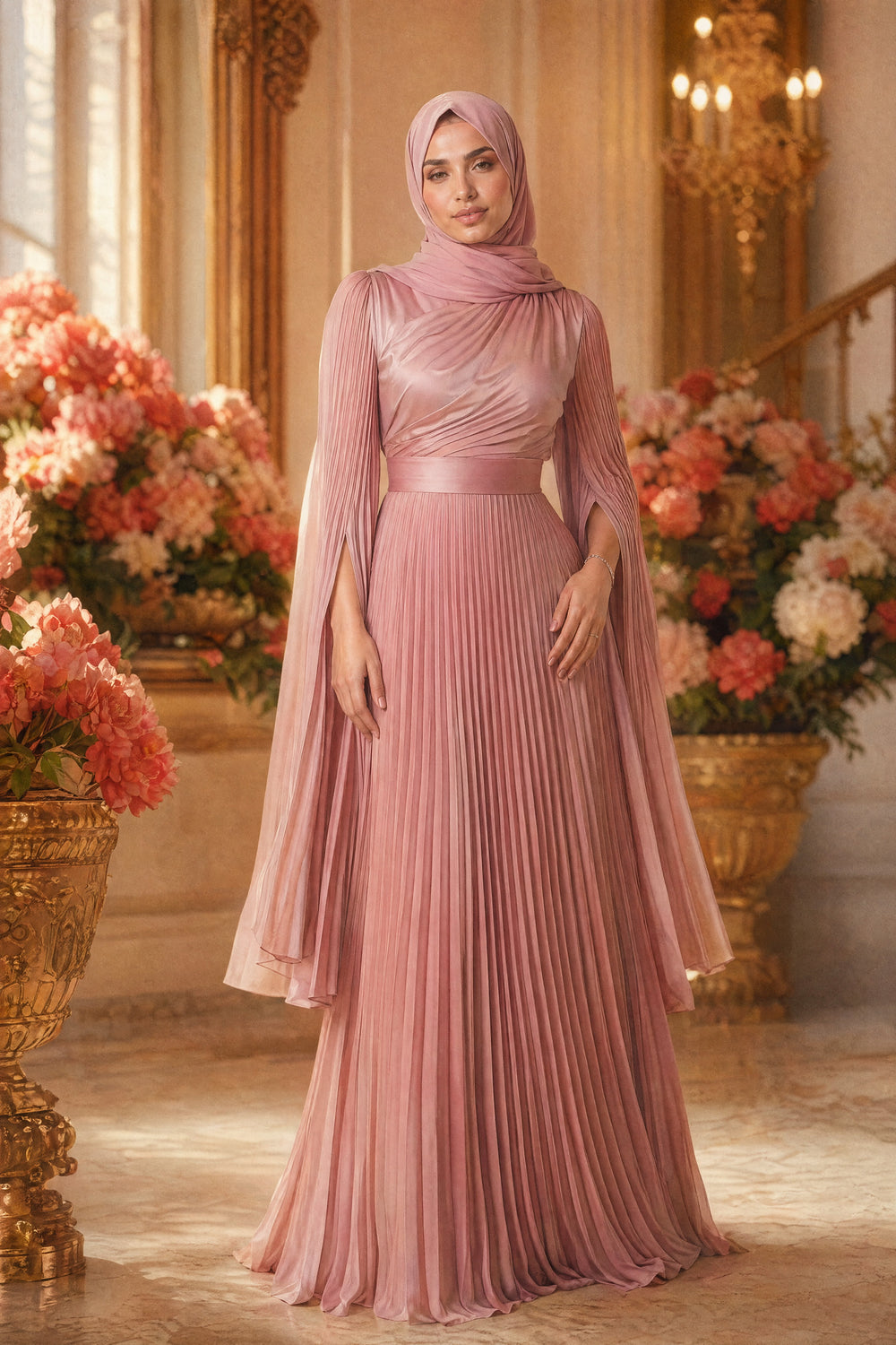 Mystic Modesty SS26— Saffira Rose pleated satin, studio portrait against cream backdrop with coral peonies, modest evening wear, Vogue editorial film aesthetic