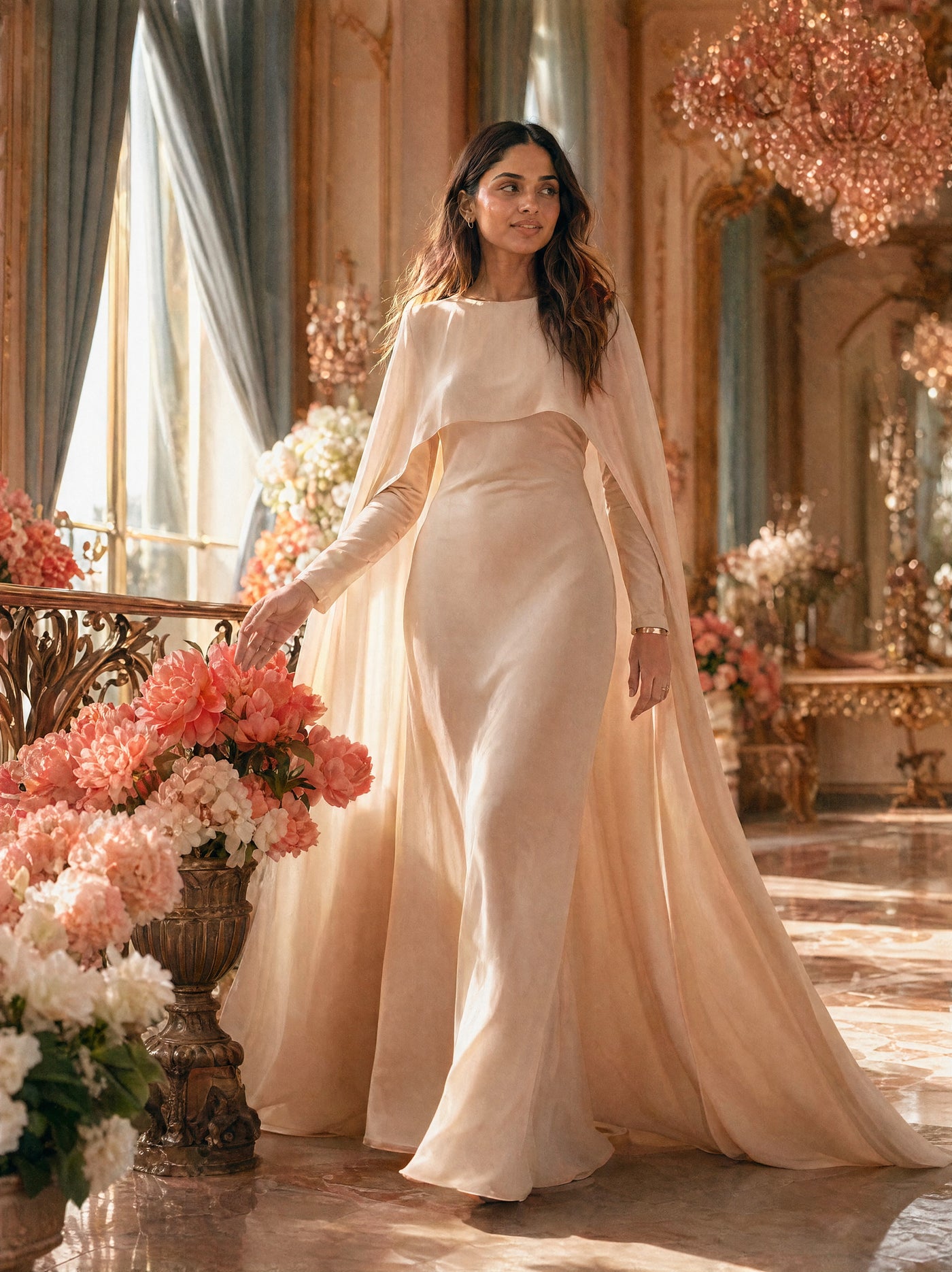 Mystic Modesty SS26— Yasmine Beige chiffon cape gown, sunlit palatial conservatory with rose-gold chandelier and white peonies, modest evening wear, Vogue editorial film aesthetic
