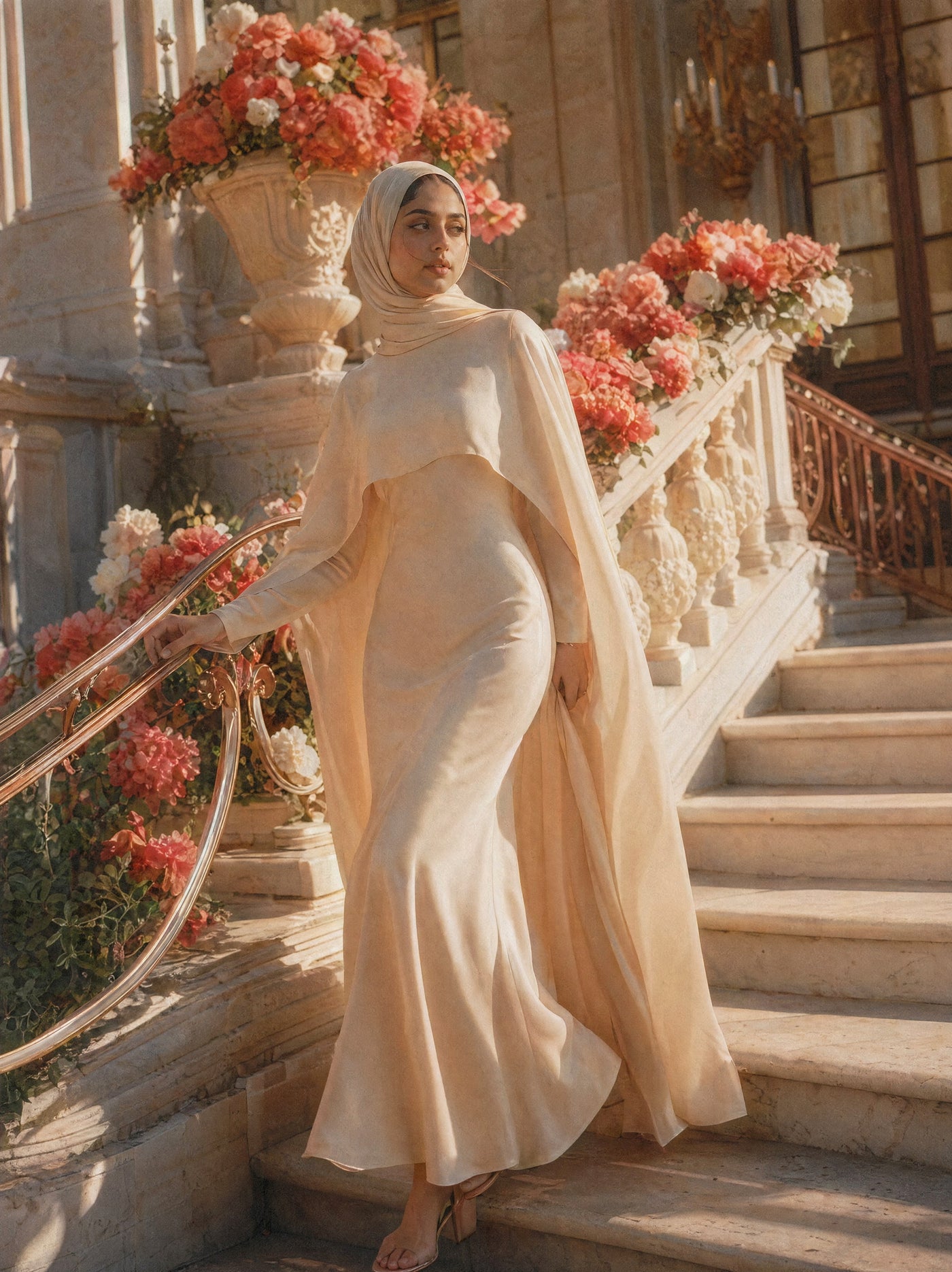Mystic Modesty SS26— Yasmine Beige chiffon cape gown, Mediterranean marble staircase at golden hour with cascading coral peonies, modest evening wear, Vogue editorial film aesthetic