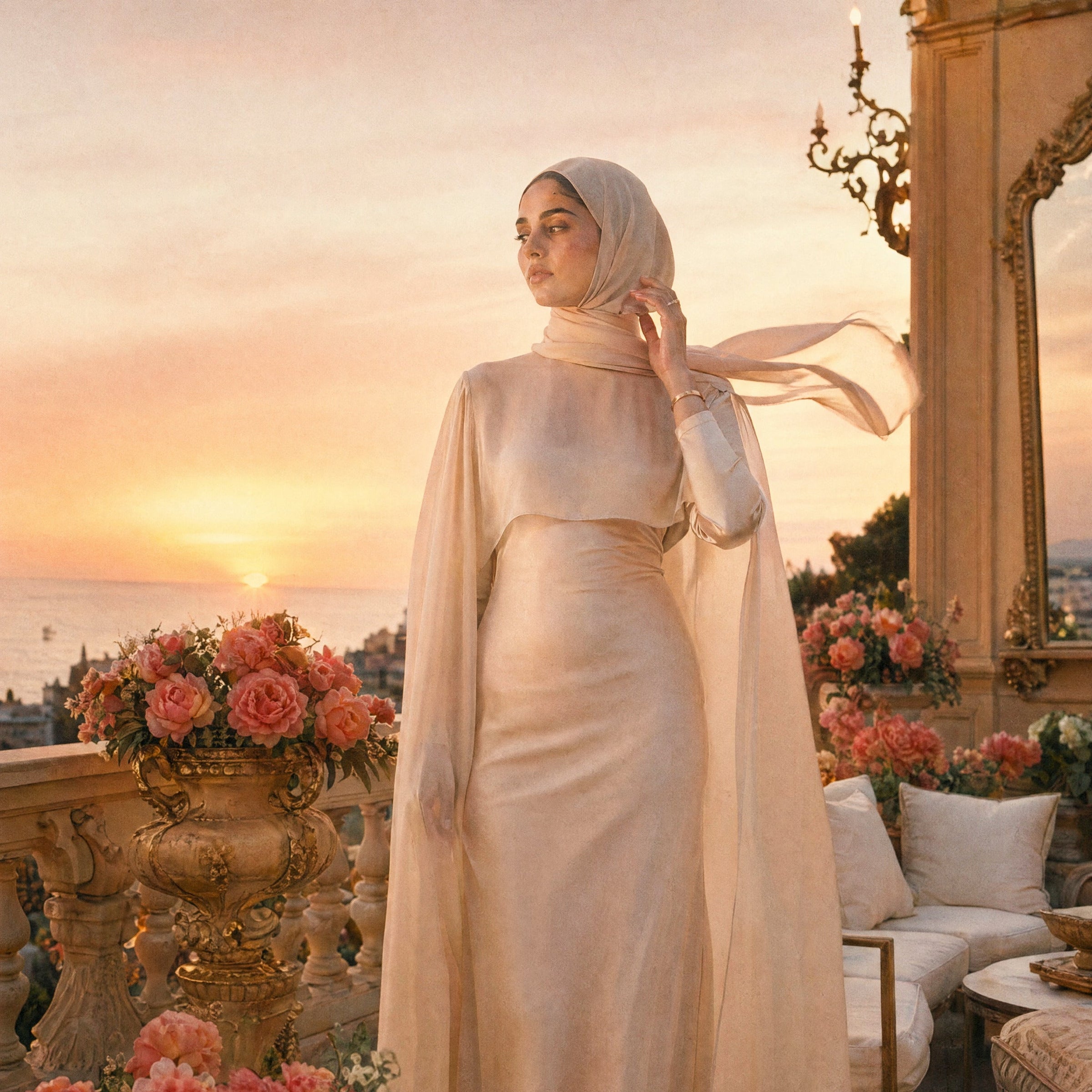 Mystic Modesty SS26— Yasmine Beige chiffon cape gown, Mediterranean rooftop terrace at warm sunset with sea horizon, modest evening wear, Vogue editorial film aesthetic