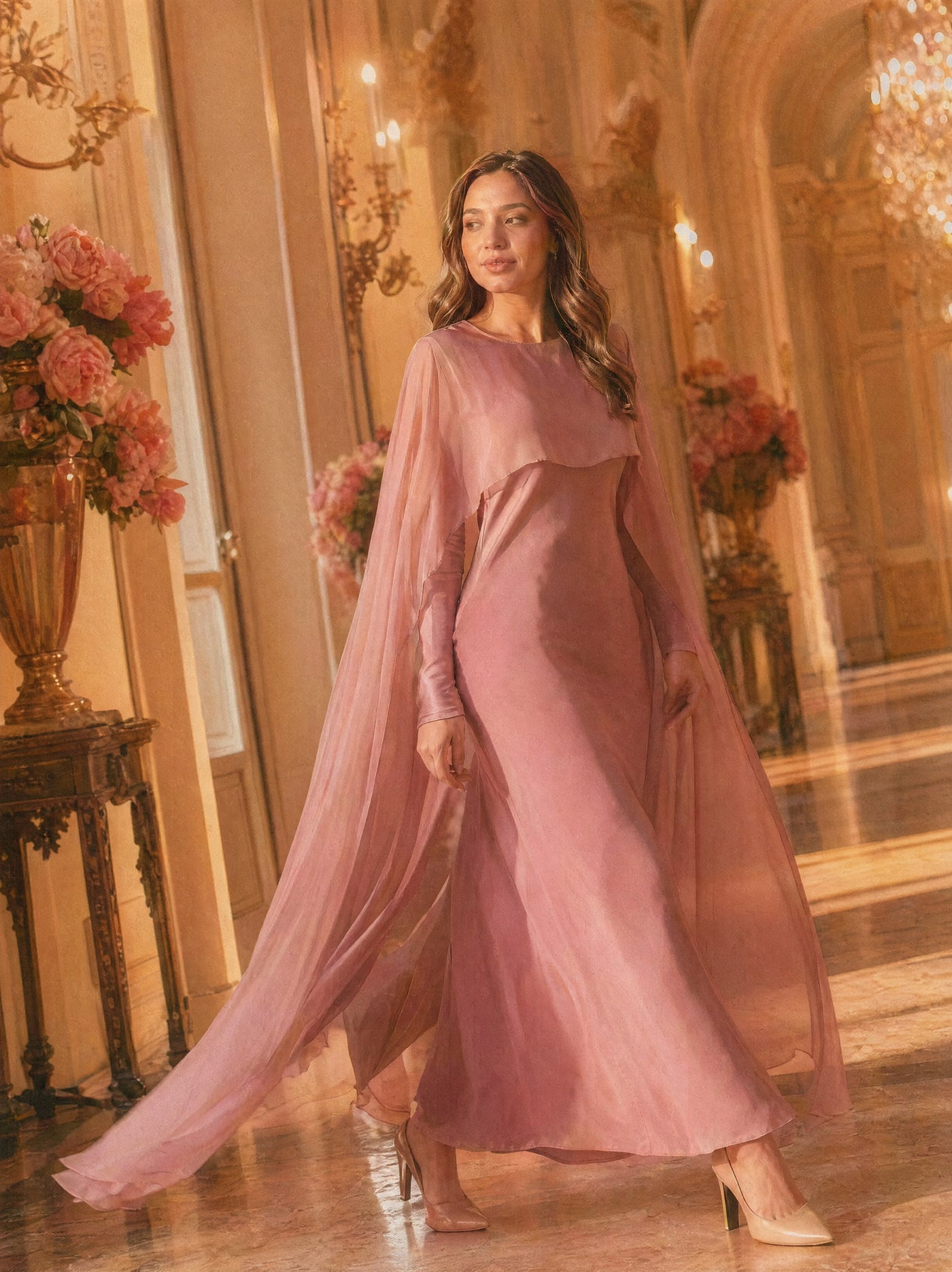 Mystic Modesty SS26— Yasmine Blush Pink chiffon cape gown, sunlit palatial corridor mid-stride with rose-gold sconces, modest evening wear, Vogue editorial film aesthetic