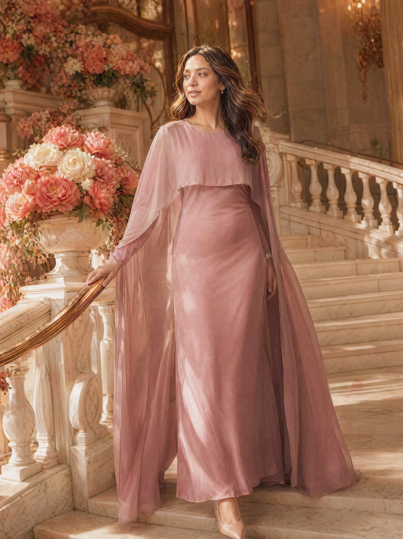 Mystic Modesty SS26— Yasmine Blush Pink chiffon cape gown, Mediterranean marble staircase at golden hour with cascading coral peonies, modest evening wear, Vogue editorial film aesthetic
