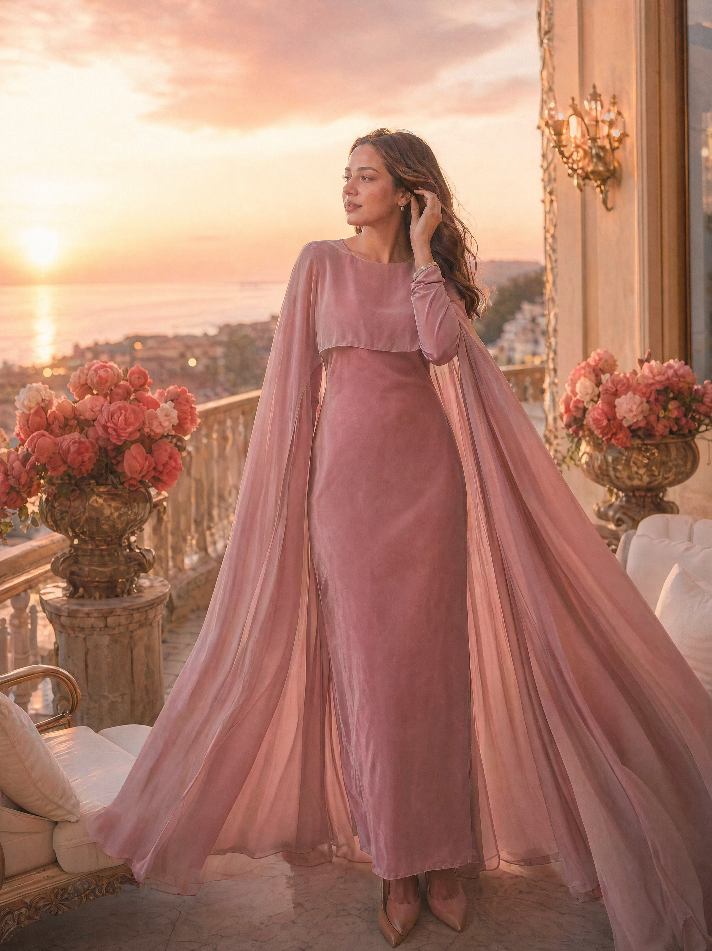 Mystic Modesty SS26— Yasmine Blush Pink chiffon cape gown, Mediterranean rooftop terrace at warm sunset with sea horizon, modest evening wear, Vogue editorial film aesthetic