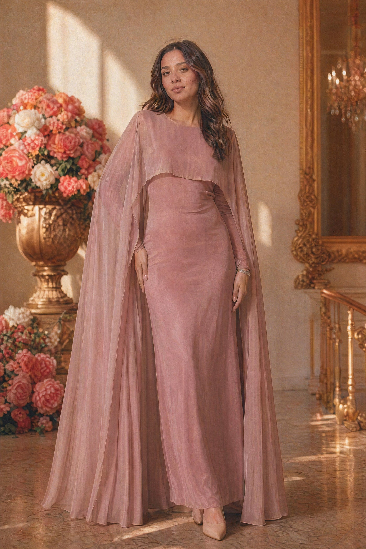 Mystic Modesty SS26— Yasmine Blush Pink chiffon cape gown, studio portrait against cream backdrop with coral peonies, non-hijabi model, modest evening wear, Vogue editorial film aesthetic