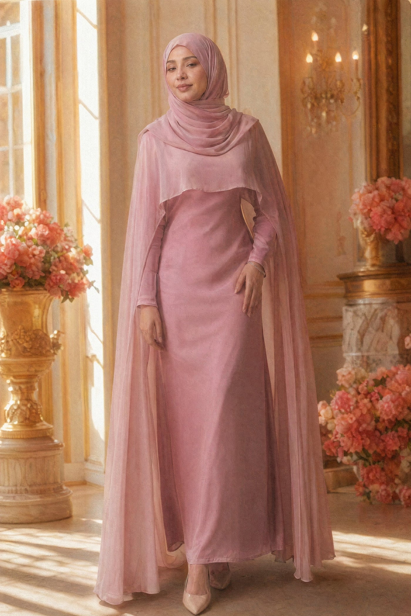 Mystic Modesty SS26— Yasmine Blush Pink chiffon cape gown, studio portrait against cream backdrop with coral peonies, modest evening wear, Vogue editorial film aesthetic