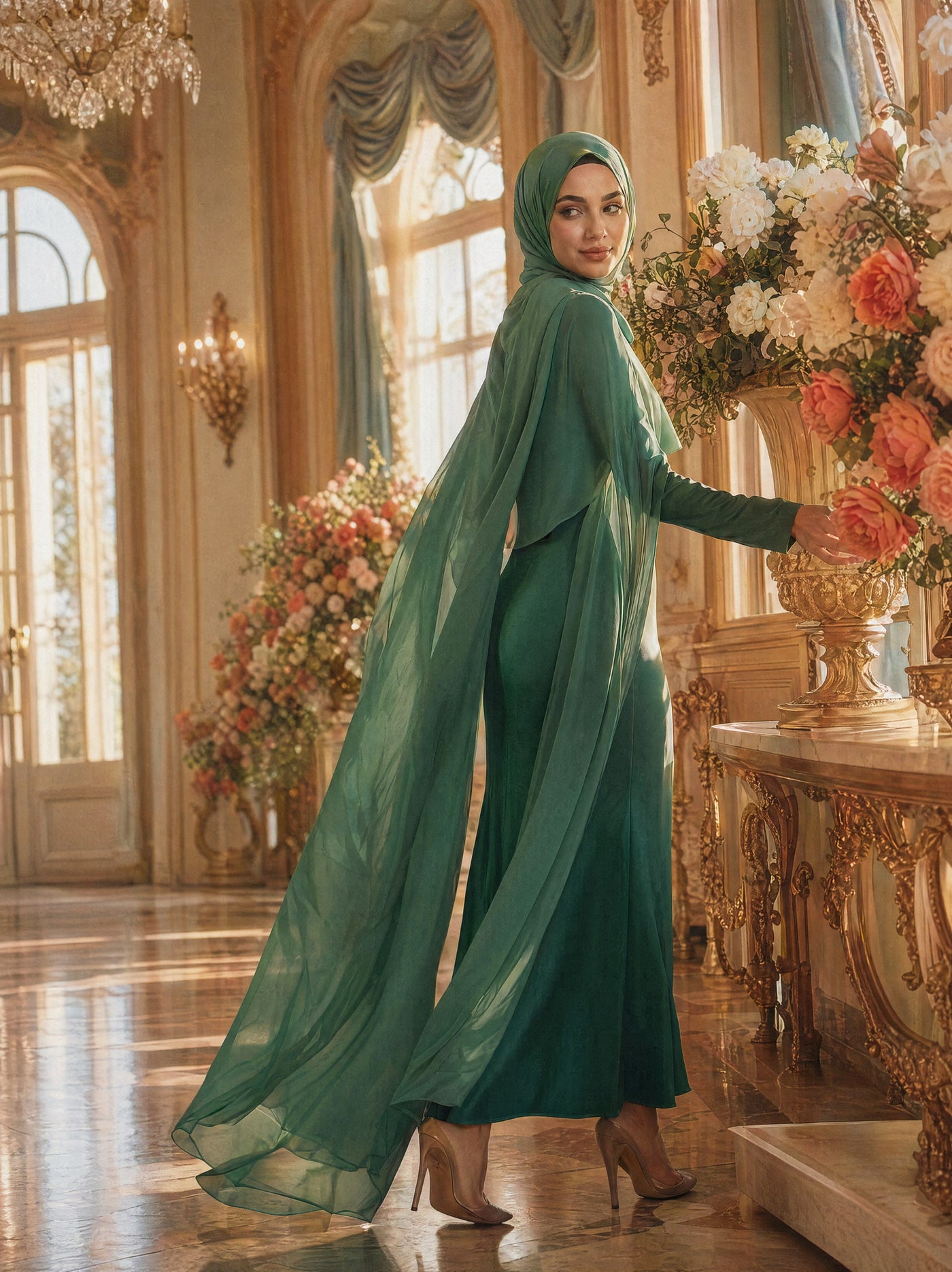 Mystic Modesty SS26— Yasmine Emerald chiffon cape gown, sunlit palatial conservatory with rose-gold chandelier and white peonies, modest evening wear, Vogue editorial film aesthetic
