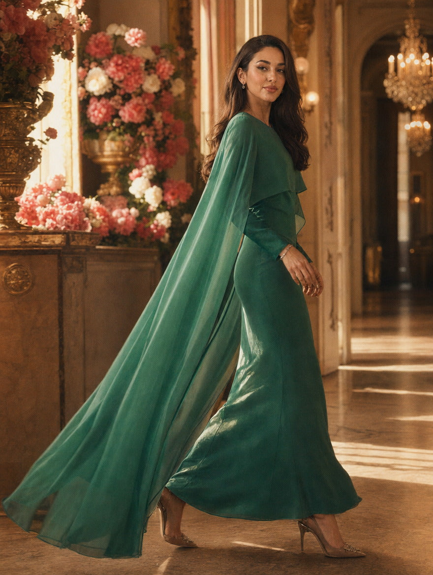 Mystic Modesty SS26— Yasmine Emerald chiffon cape gown, sunlit palatial corridor mid-stride with rose-gold sconces, modest evening wear, Vogue editorial film aesthetic