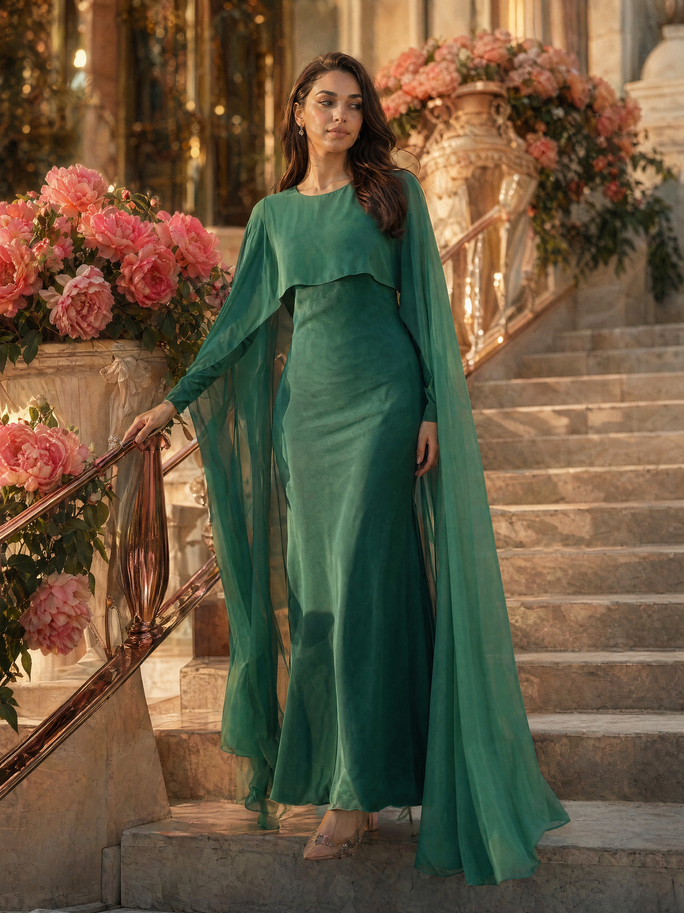 Mystic Modesty SS26— Yasmine Emerald chiffon cape gown, Mediterranean marble staircase at golden hour with cascading coral peonies, modest evening wear, Vogue editorial film aesthetic