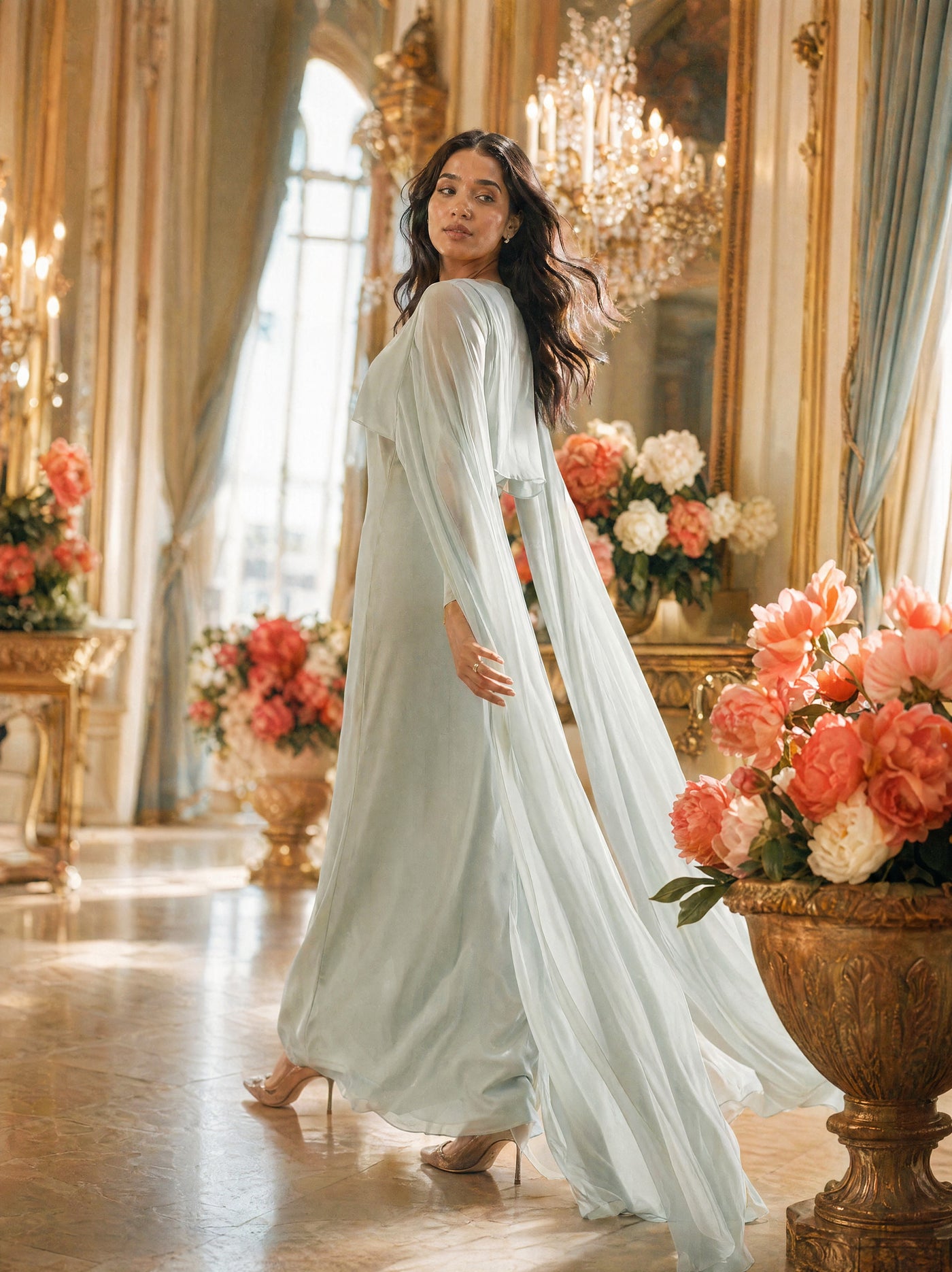 Mystic Modesty SS26— Yasmine Mint chiffon cape gown, sunlit palatial conservatory with rose-gold chandelier and white peonies, modest evening wear, Vogue editorial film aesthetic