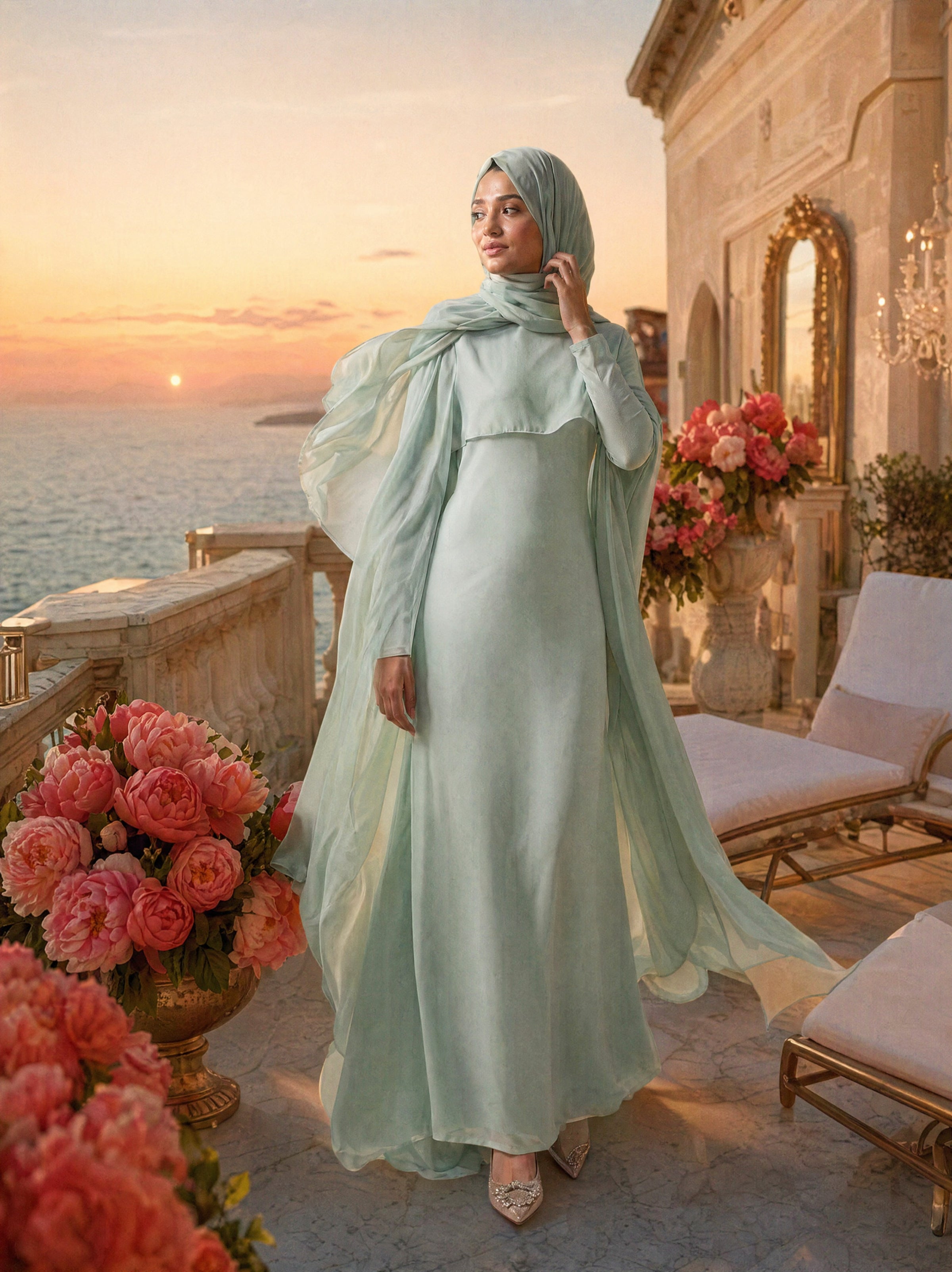 Mystic Modesty SS26— Yasmine Mint chiffon cape gown, Mediterranean rooftop terrace at warm sunset with sea horizon, modest evening wear, Vogue editorial film aesthetic
