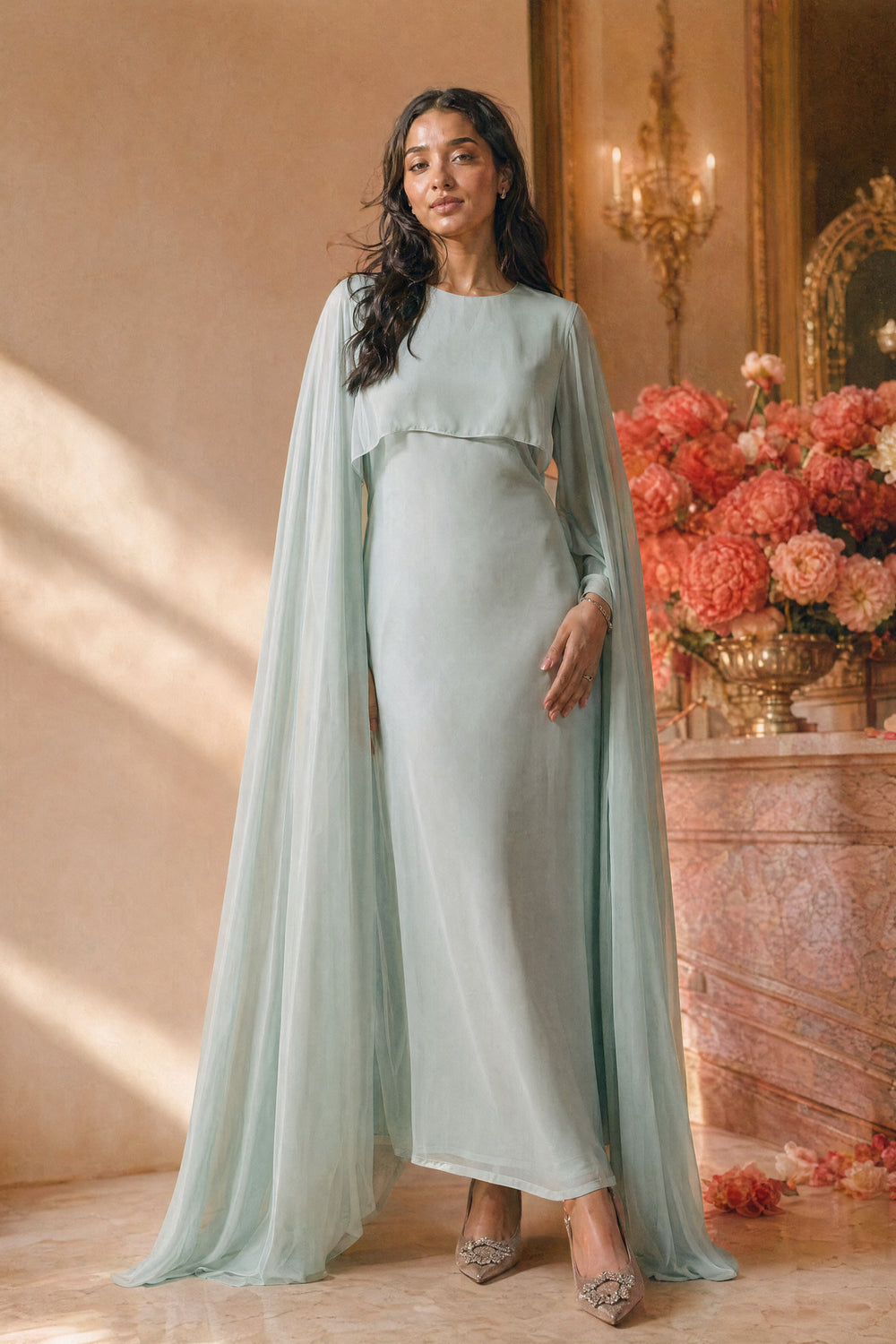 Mystic Modesty SS26— Yasmine Mint chiffon cape gown, studio portrait against cream backdrop with coral peonies, modest evening wear, Vogue editorial film aesthetic