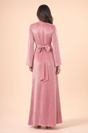 Velvet Elegance Modest Abaya Dress in Rose Pink — full-body back view of the dress — modeled without hijab — modest evening fashion for all — Mystic Modesty hijab fashion modest gown.