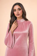 Velvet Elegance Modest Abaya Dress in Rose Pink — close-up of bodice, neckline, and upper styling detail — modeled without hijab — modest evening fashion for all — Mystic Modesty premium modest dress UK.