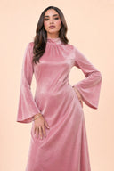 Velvet Elegance Modest Abaya Dress in Rose Pink — editorial campaign power pose, cinematic hero shot — modeled without hijab — modest evening fashion for all — Mystic Modesty modest fashion UK.