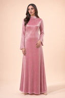 Velvet Elegance Modest Abaya Dress in Rose Pink — editorial quiet moment, contemplative pose — modeled without hijab — modest evening fashion for all — Mystic Modesty modest evening dress.