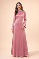 Velvet Elegance Modest Abaya Dress in Rose Pink — full-body front view of the dress — modeled without hijab — modest evening fashion for all — Mystic Modesty modest occasion wear.