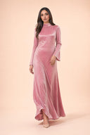 Velvet Elegance Modest Abaya Dress in Rose Pink — captured in natural stride showing fabric flow and movement — modeled without hijab — modest evening fashion for all — Mystic Modesty modest evening fashion.