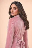 Velvet Elegance Modest Abaya Dress in Rose Pink — over-shoulder back profile portrait, intimate editorial close-up — modeled without hijab — modest evening fashion for all — Mystic Modesty premium hijab fashion brand.
