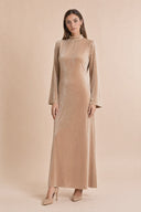 Velvet Elegance Modest Abaya Dress in Warm Beige — full-body front view of the dress — modeled without hijab — modest evening fashion for all — Mystic Modesty modest occasion wear.