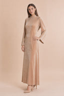 Velvet Elegance Modest Abaya Dress in Warm Beige — three-quarter front angle showing dimensional drape and silhouette — modeled without hijab — modest evening fashion for all — Mystic Modesty modest evening gown collection.