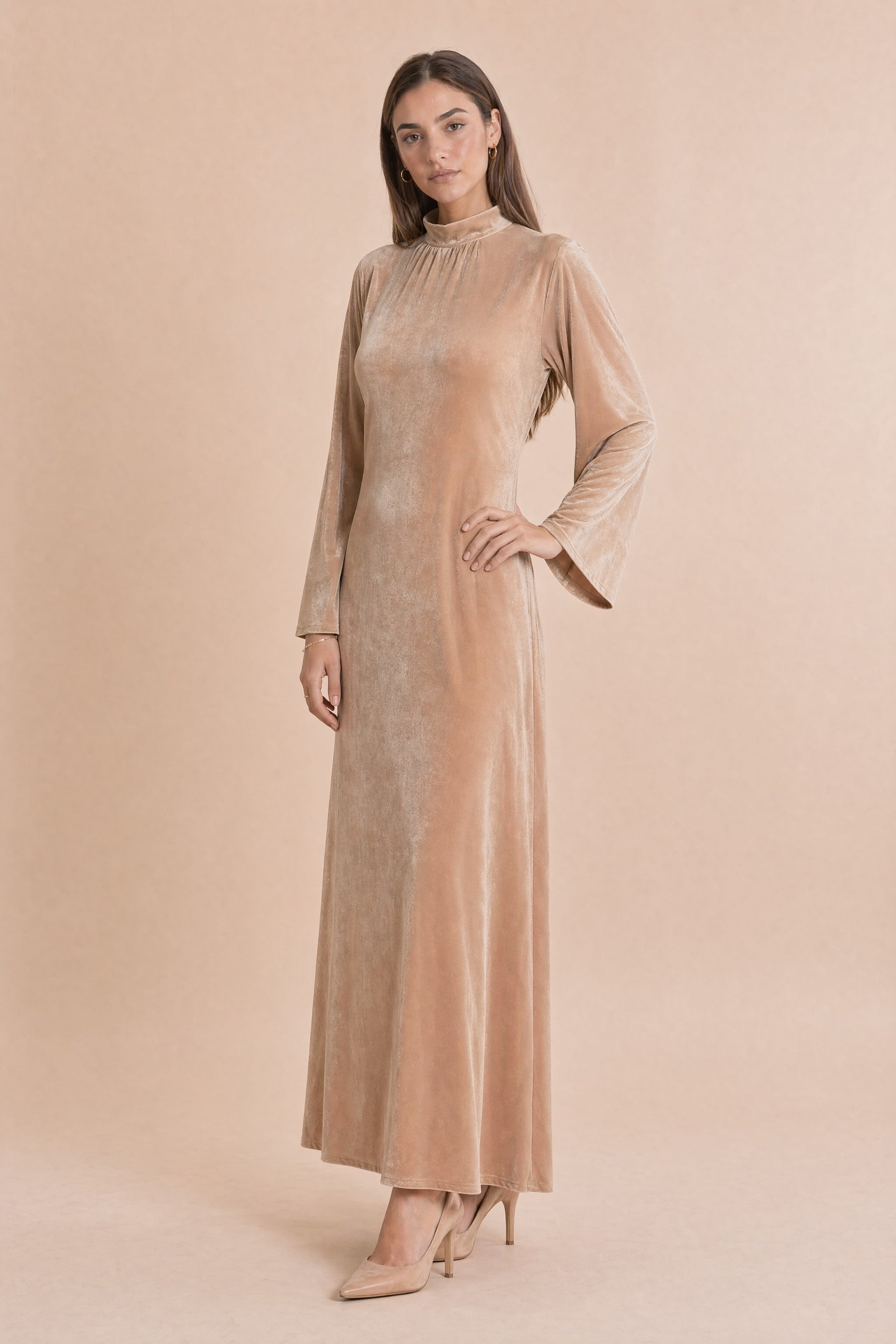 Modest Velvet Maxi Dress - Evening Dress - Beige Champagne Beige / L