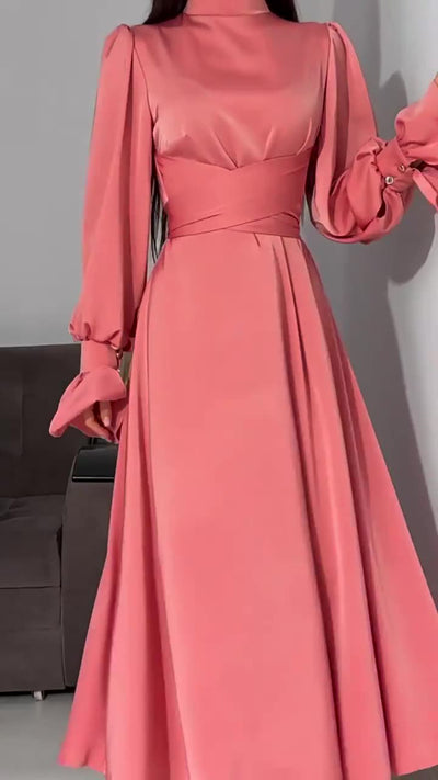Modest satin maxi dress – Modest Satin Long Sleeve Maxi Dress with Belted Waist Coral