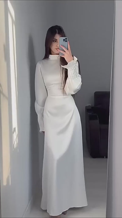 Modest Pleated Cuff Satin Maxi Dress with Lace-Up Back White