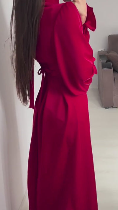 Modest Pleated Cuff Satin Maxi Dress with Lace-Up Back Red
