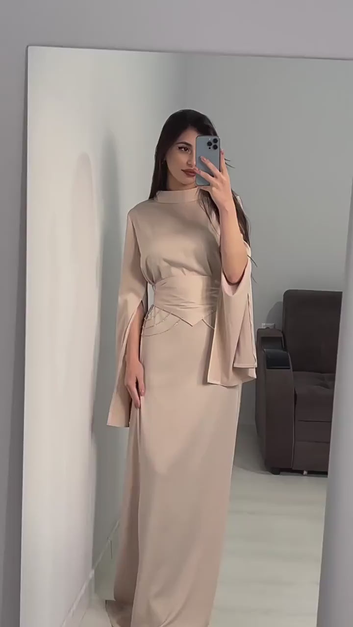 Modest Satin Maxi Dress with Split Sleeves & Waist Crystal Detail Champagne
