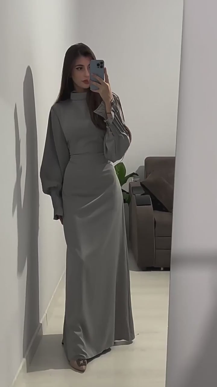 Modest Pleated Cuff Satin Maxi Dress with Lace-Up Back Grey