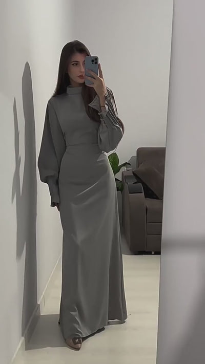 Modest Pleated Cuff Satin Maxi Dress with Lace-Up Back Grey