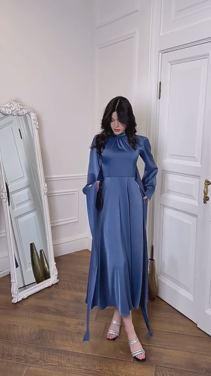 Timeless Grace - Modest Satin Belted Maxi Dress Blue