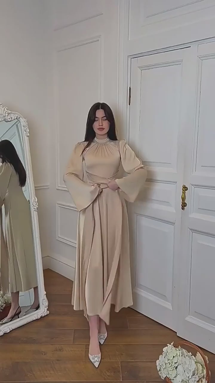 Timeless Grace - Modest Satin Belted Maxi Dress Champagne