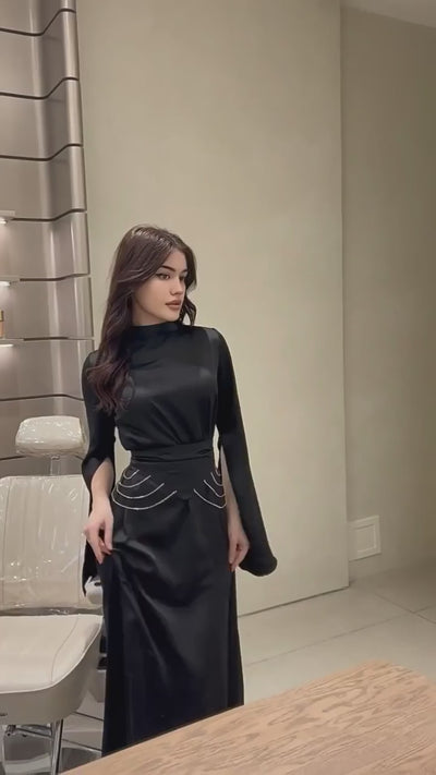 Modest Satin Maxi Dress with Split Sleeves & Waist Crystal Detail Black
