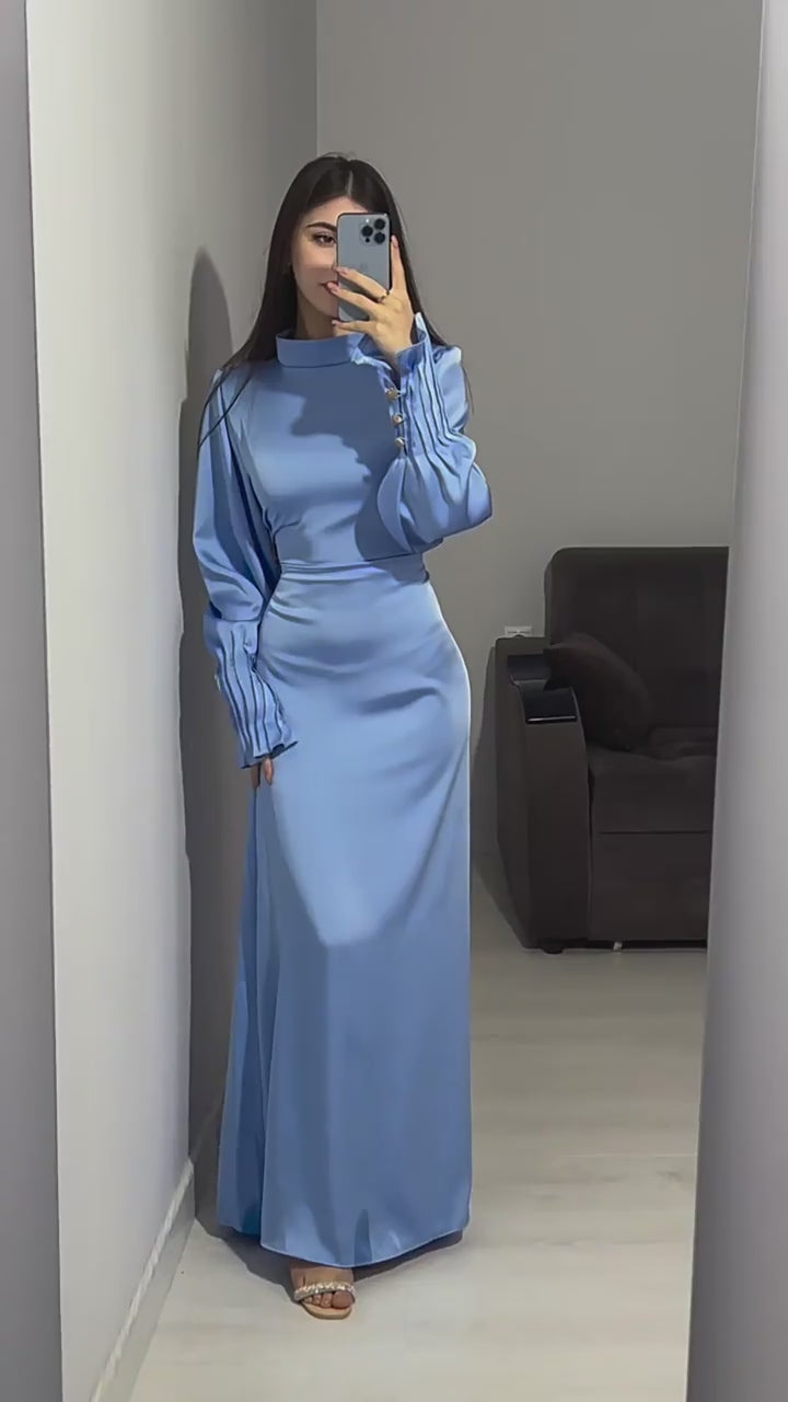 Modest Pleated Cuff Satin Maxi Dress with Lace-Up Back Light Blue