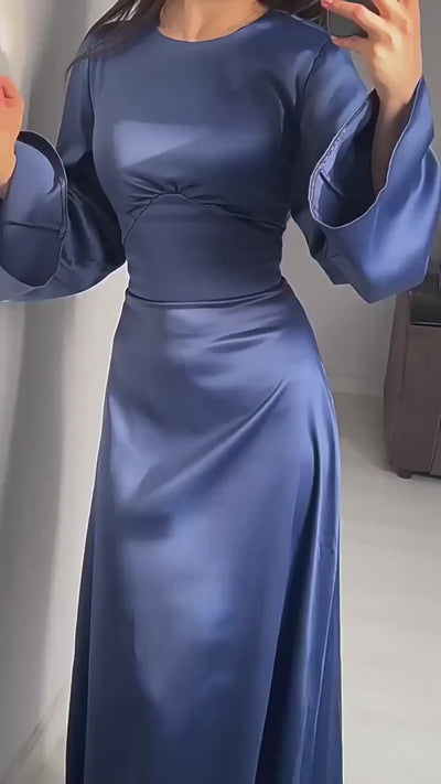 Modest satin maxi dress in Blue – Elegant Satin Maxi Dress with Flare Sleeves
