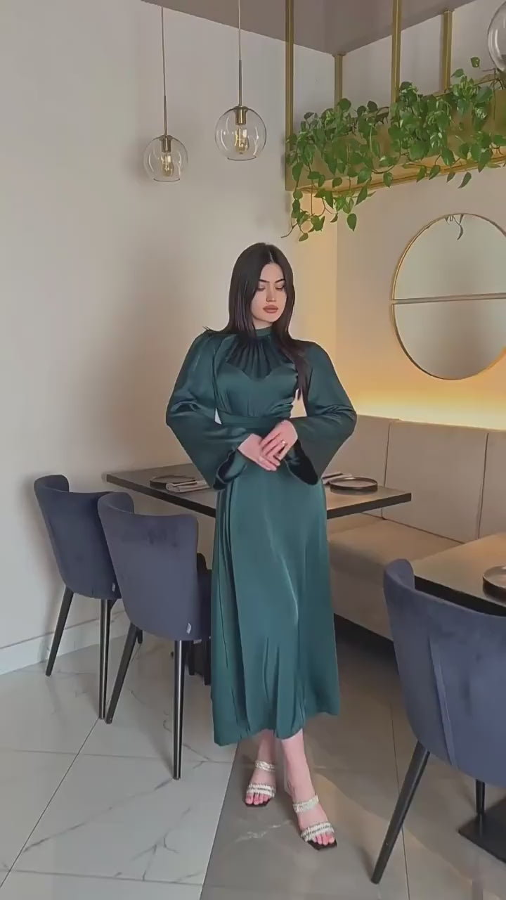 Timeless Grace - Modest Satin Belted Maxi Dress Dark Green