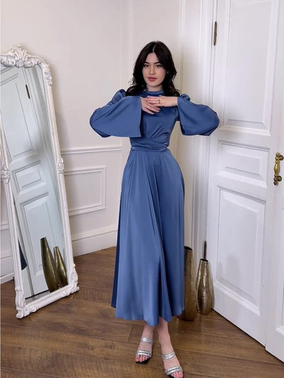 Modest satin maxi dress in Blue – Timeless Grace - Modest Satin Belted Maxi Dress