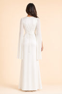 Modest Luxe Satin Evening Gown in Ivory White — full-body back view — non-hijabi styling — Mystic Modesty modest evening wear SS '26.